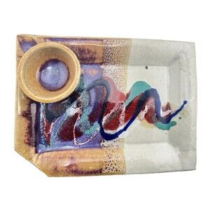 Studio Art Pottery Sushi Plate Dish w/Attached Sauce Bowl Bruce Larabee Signed
